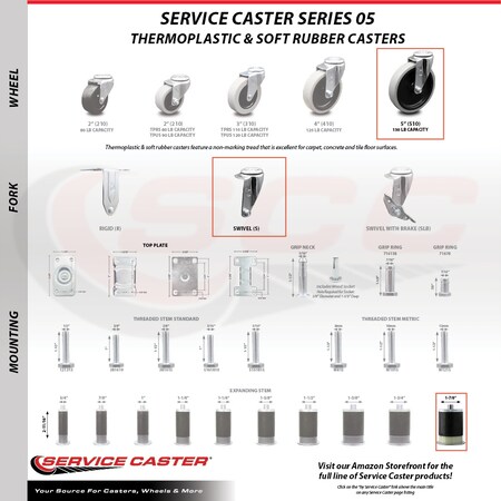 Service Caster 5 Inch Thermoplastic Rubber Wheel 1-7/8 Inch Expanding Stem Caster SCC SCC-EX05S510-TPRS-178